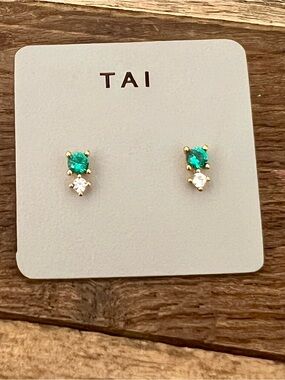 NWT TAI Gold Plated Lab Emerald and Clear Two-Stone Stud Earrings